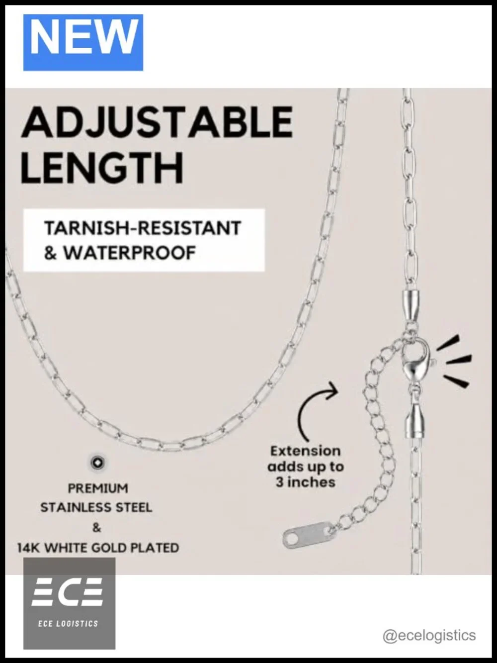KISPER Paperclip Chain Necklace 14K Gold Plated Stainless Steel Adjustable